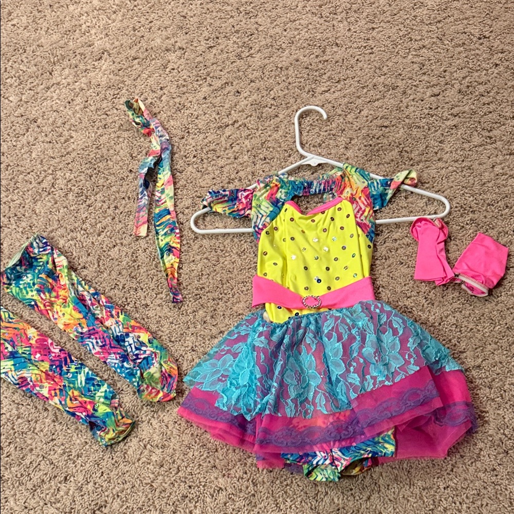 Costume Gallery dance leotard skirt RAINBOW boot covers gloves Child Medium